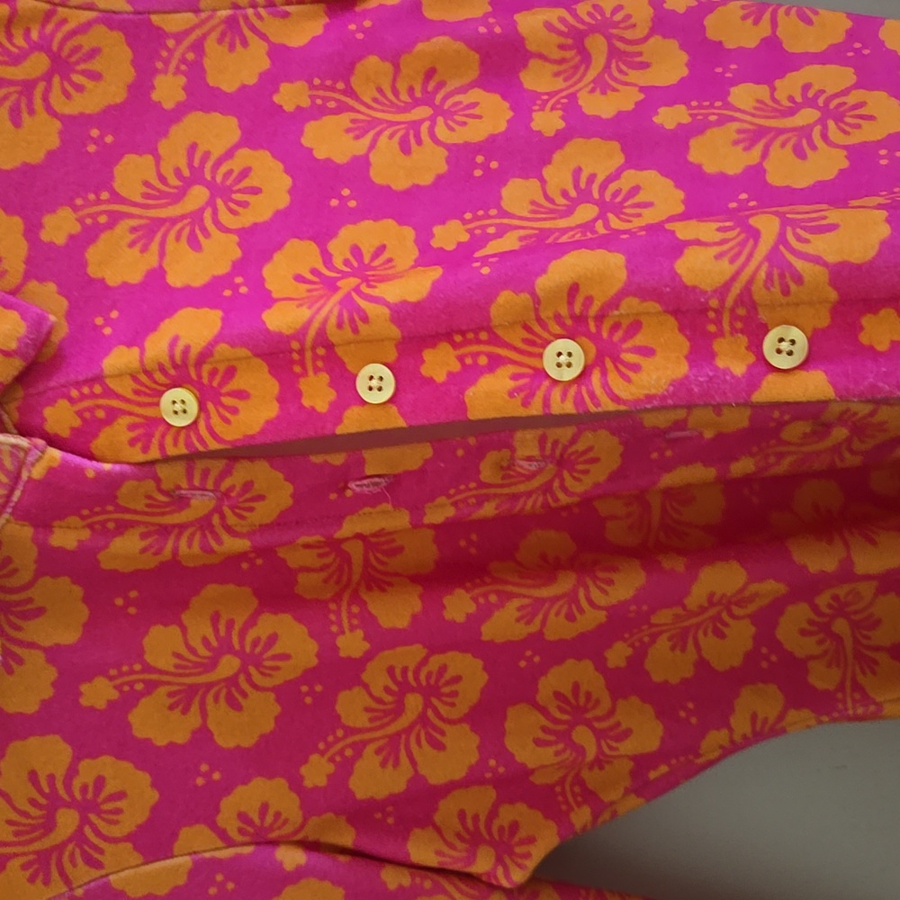 Frankies Bikinis Pink and Orange HibiscisButton Down Shirt Vibrant Floral Design - Picture 7 of 8